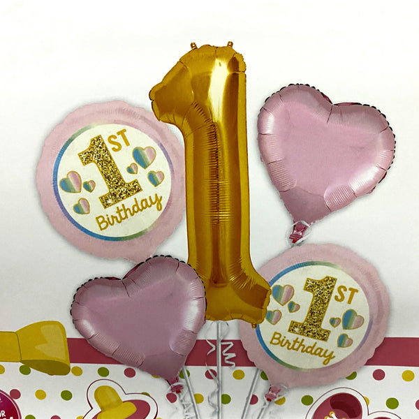 Metallic First Birthday Pink Balloon Bouquet – Pk / 5