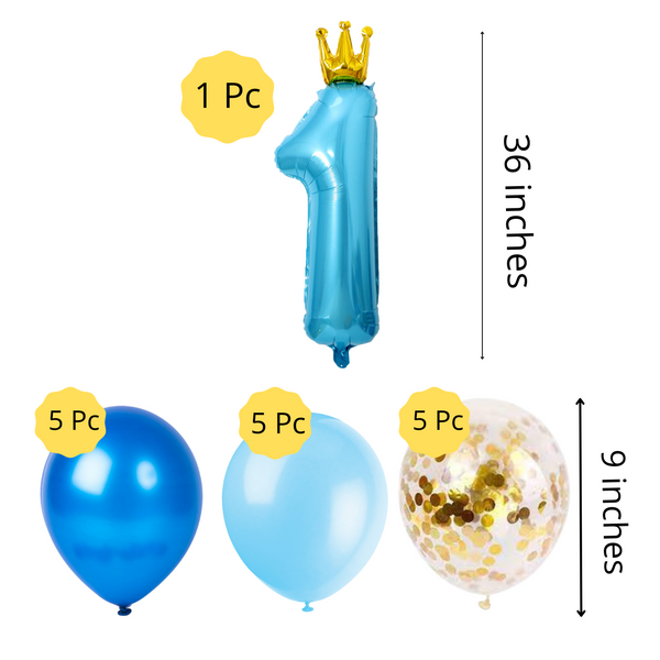 First birthday Blue Crown Balloon Bouquet- Pk / 16
