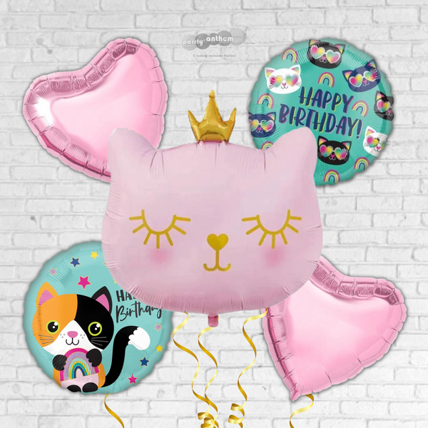 Princess Cat Happy Birthday Balloon Bouquet - Pk / 5