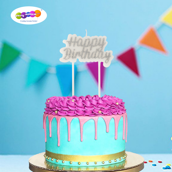 Silver Happy Birthday Glitter Candle