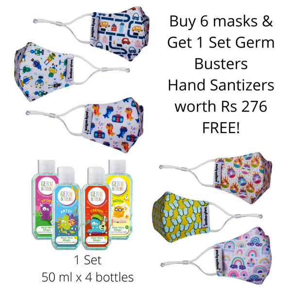 Smart Shield Face Masks for Kids age 3-7 years- 6/pk with Complimentary 4x50ml Germ Busters Hand Sanitizers