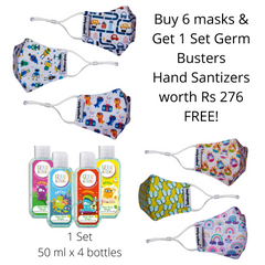 Smart Shield Face Masks for Kids age 3-7 years- 6/pk with Complimentary 4x50ml Germ Busters Hand Sanitizers