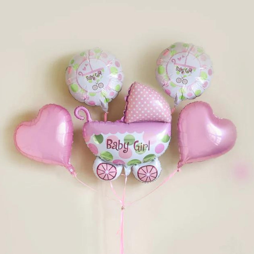 Baby Girl Pram Balloon Bouquet Pink – Pk / 5