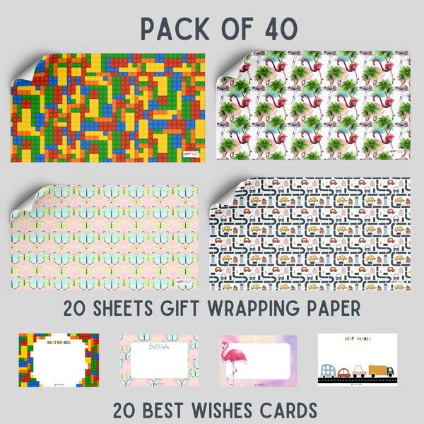 Assorted Gift Wrapping Paper for kids with Best Wishes Tags – Pk / 40 pcs