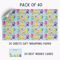 Monster Gift Wrapping Paper with Name Tags – Pk / 40 pcs