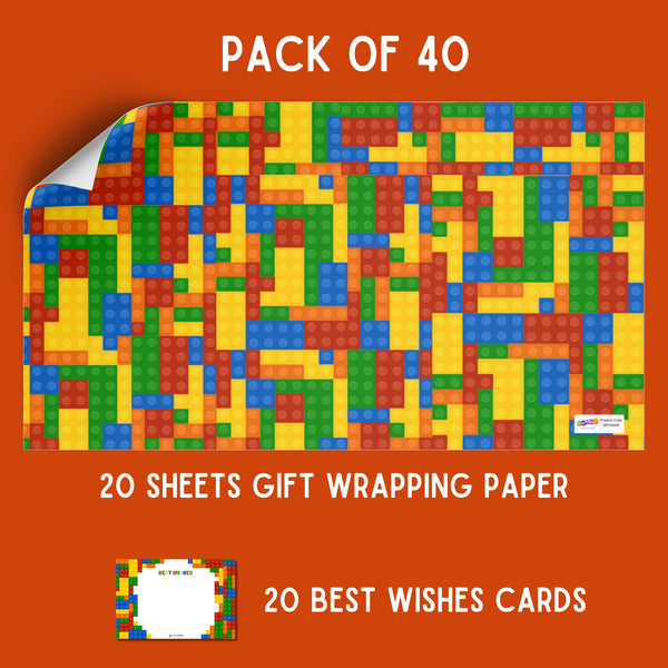 Building Blocks Gift Wrapping Paper with Best Wishes Tags – Pk / 40 pcs