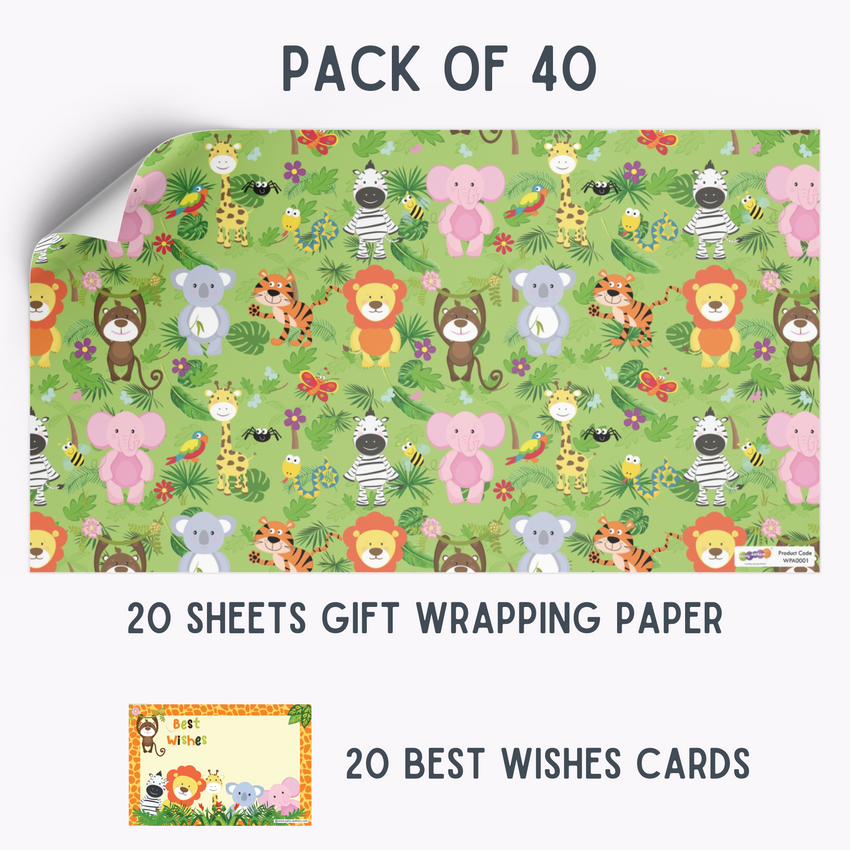 Jungle Animals Gift Wrapping Paper with Name Tags – Pk / 40 pcs