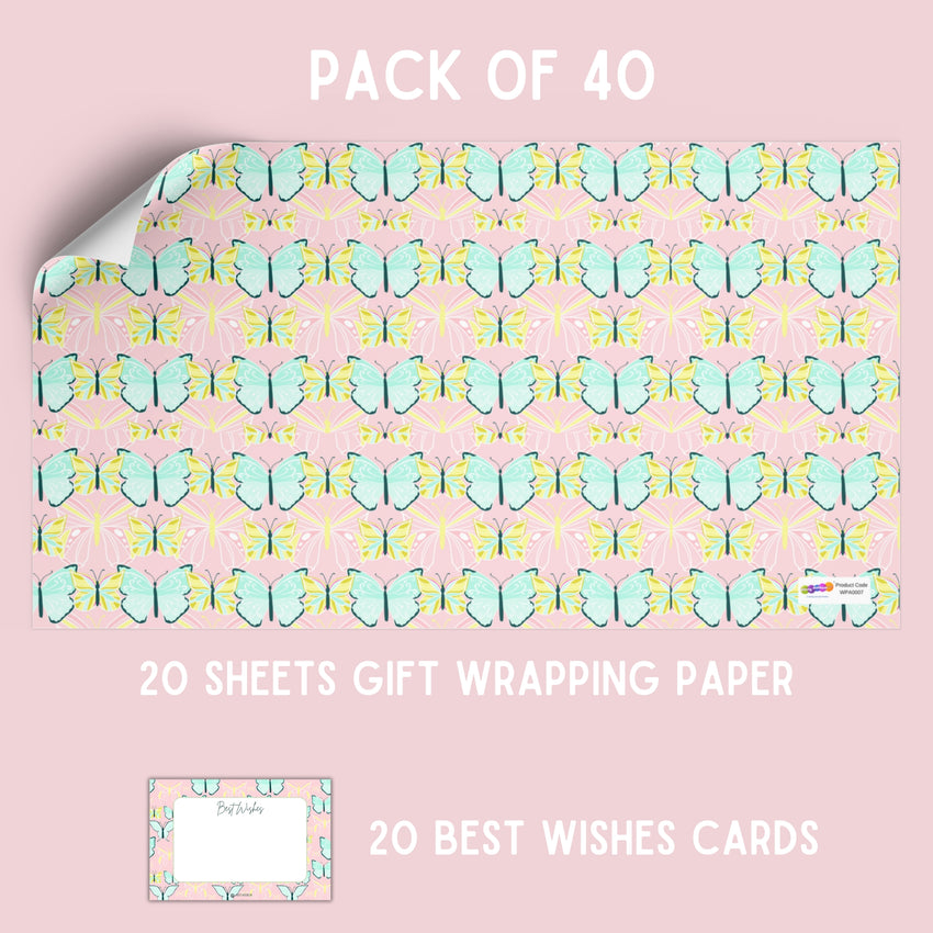 Magical Butterfly Gift Wrapping Paper with Best Wishes Tags – Pk / 40 pcs