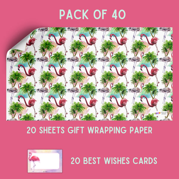 Tropical Flamingo Gift Wrapping Paper with Best Wishes Tags – Pk / 40 pcs