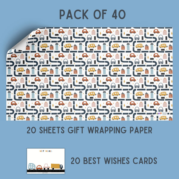 Cute Cars themed Gift Wrapping Paper with Best Wishes Tags – Pk / 40 pcs