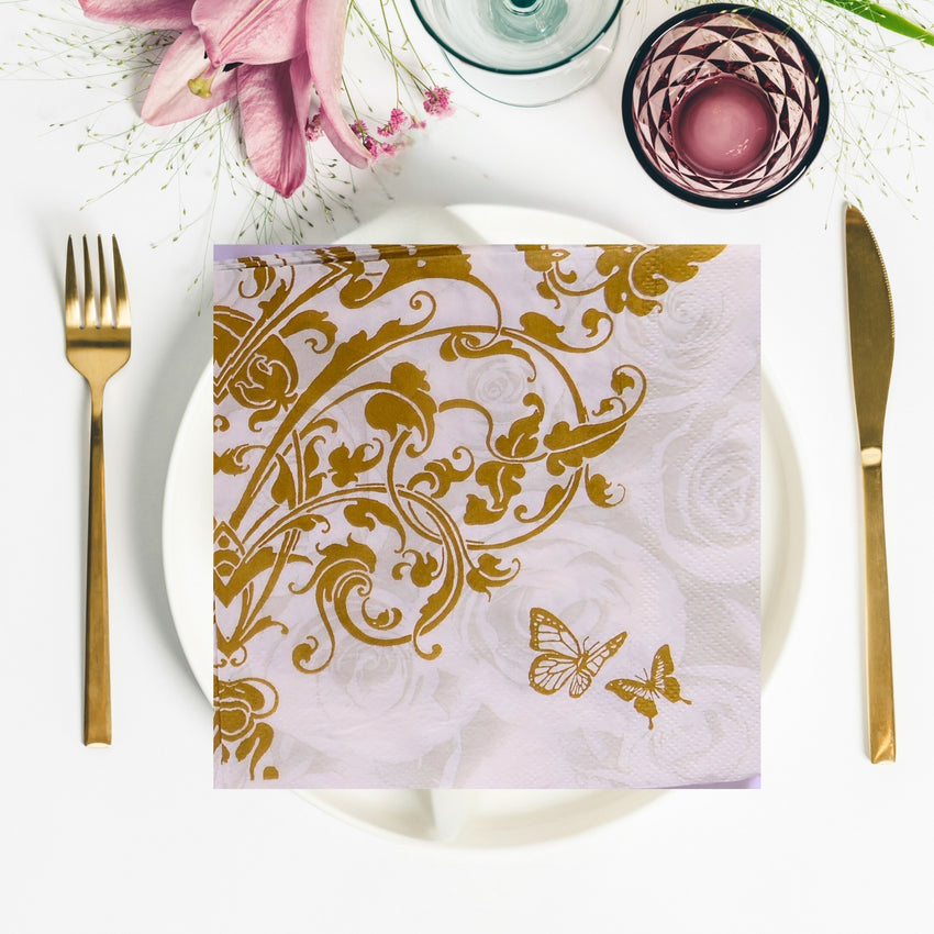 Gold Vintage floral butterfly Paper Napkins - Pk/40