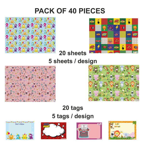 Assorted Kids Design Gift Wrapping Paper with Name Tags – Pk / 40 pcs