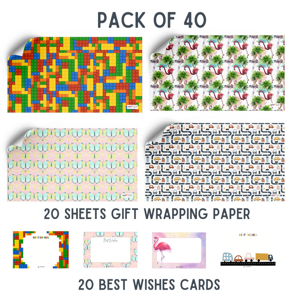 Assorted Gift Wrapping Paper for kids with Best Wishes Tags – Pk / 40 pcs