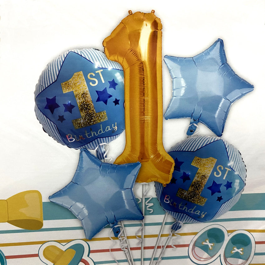 Metallic First Birthday Blue Balloon Bouquet – Pk / 5