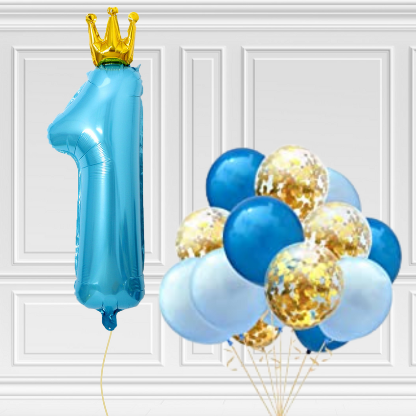 First birthday Blue Crown Balloon Bouquet- Pk / 16