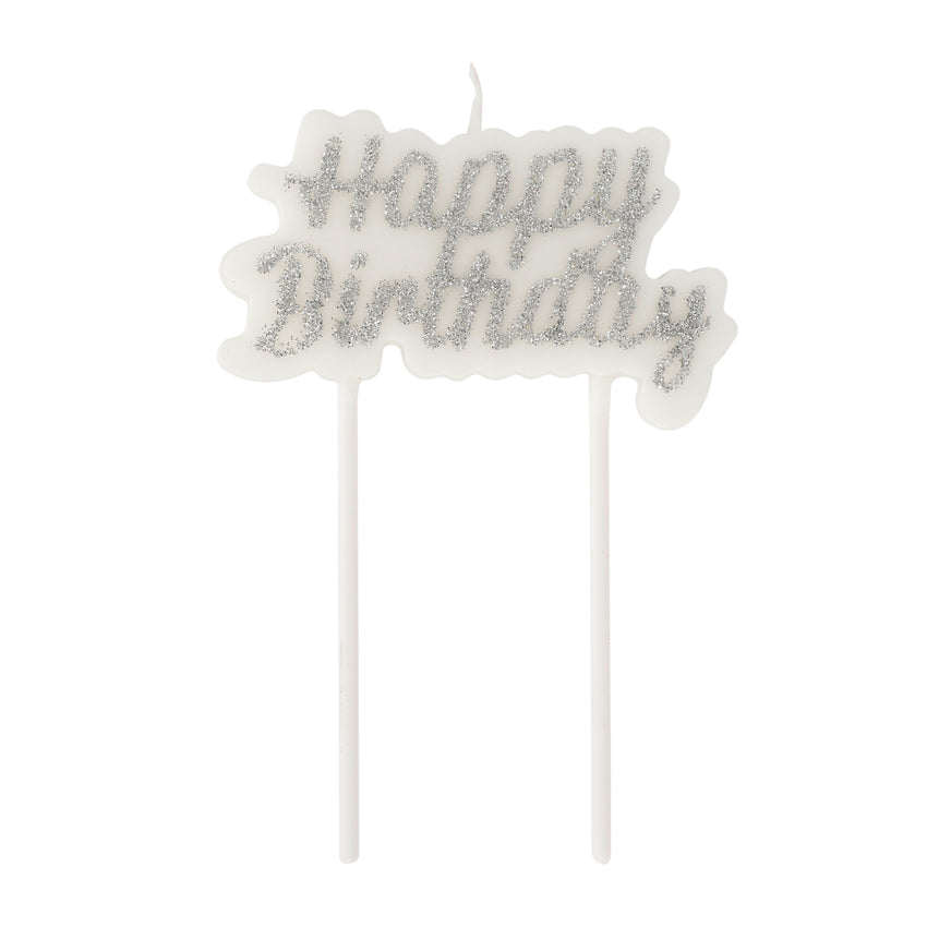 Silver Happy Birthday Glitter Candle