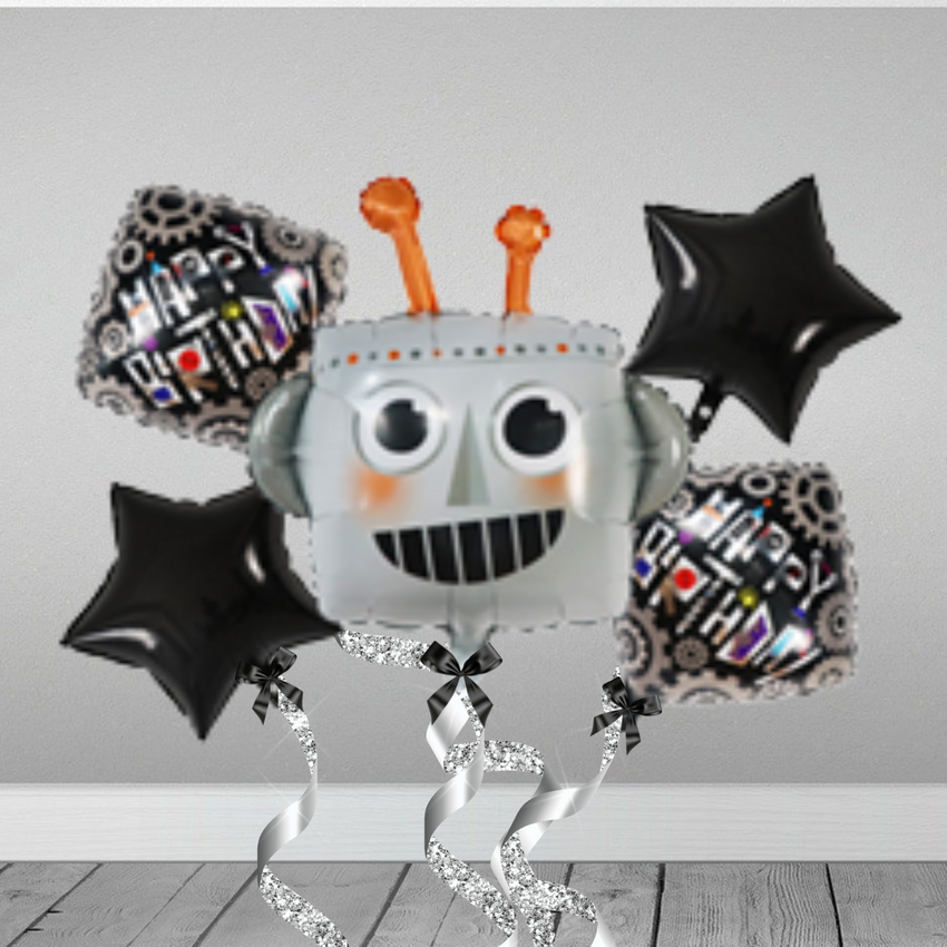 Robot Happy Birthday Foil Balloons - Pk / 5